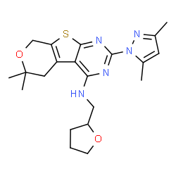 ChemSpider 2D Image | 2-(3,5-Dimethyl-1H-pyrazol-1-yl)-6,6-dimethyl-N-(tetrahydro-2-furanylmethyl)-5,8-dihydro-6H-pyrano[4',3':4,5]thieno[2,3-d]pyrimidin-4-amine | C21H27N5O2S