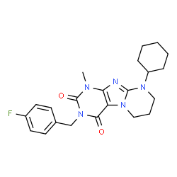 ChemSpider 2D Image | 9-Cyclohexyl-3-(4-fluorobenzyl)-1-methyl-6,7,8,9-tetrahydropyrimido[2,1-f]purine-2,4(1H,3H)-dione | C22H26FN5O2
