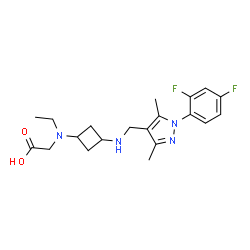 ChemSpider 2D Image | N-[3-({[1-(2,4-Difluorophenyl)-3,5-dimethyl-1H-pyrazol-4-yl]methyl}amino)cyclobutyl]-N-ethylglycine | C20H26F2N4O2