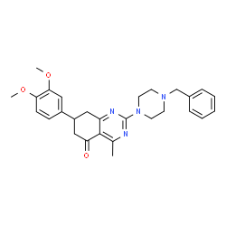 ChemSpider 2D Image | 2-(4-Benzyl-1-piperazinyl)-7-(3,4-dimethoxyphenyl)-4-methyl-7,8-dihydro-5(6H)-quinazolinone | C28H32N4O3