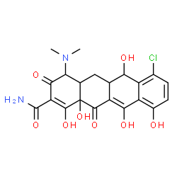 ChemSpider 2D Image | 7-Chloro-4-(dimethylamino)-1,6,10,11,12a-pentahydroxy-3,12-dioxo-3,4,4a,5,5a,6,12,12a-octahydro-2-tetracenecarboxamide | C21H21ClN2O8