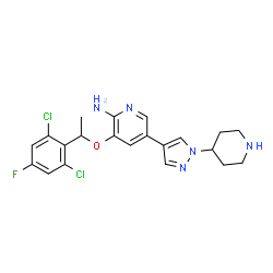 ChemSpider 2D Image | 3-[1-(2,6-Dichloro-4-fluorophenyl)ethoxy]-5-[1-(4-piperidinyl)-1H-pyrazol-4-yl]-2-pyridinamine | C21H22Cl2FN5O