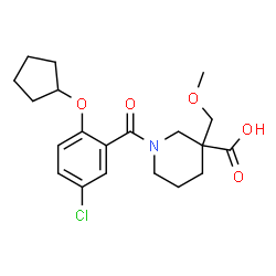 ChemSpider 2D Image | 1-[5-Chloro-2-(cyclopentyloxy)benzoyl]-3-(methoxymethyl)-3-piperidinecarboxylic acid | C20H26ClNO5