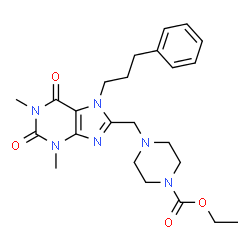 ChemSpider 2D Image | Ethyl 4-{[1,3-dimethyl-2,6-dioxo-7-(3-phenylpropyl)-2,3,6,7-tetrahydro-1H-purin-8-yl]methyl}-1-piperazinecarboxylate | C24H32N6O4