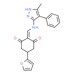 ChemSpider 2D Image | 5-(2-Furyl)-2-{[(3-methyl-4-phenyl-1H-pyrazol-5-yl)amino]methylene}cyclohexane-1,3-dione | C21H19N3O3