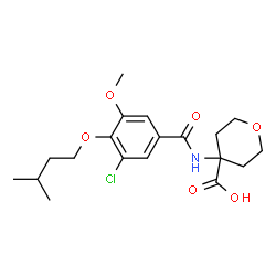 ChemSpider 2D Image | 4-{[3-Chloro-5-methoxy-4-(3-methylbutoxy)benzoyl]amino}tetrahydro-2H-pyran-4-carboxylic acid | C19H26ClNO6
