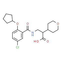 ChemSpider 2D Image | 3-{[5-Chloro-2-(cyclopentyloxy)benzoyl]amino}-2-(tetrahydro-2H-pyran-4-yl)propanoic acid | C20H26ClNO5