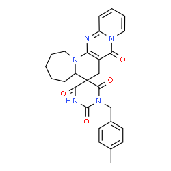 ChemSpider 2D Image | 1'-(4-Methylbenzyl)-1,2,3,4,5,5a-hexahydro-2'H,7H,8H-spiro[pyrido[1'',2'':1',2']pyrimido[5',4':5,6]pyrido[1,2-a]azepine-6,5'-pyrimidine]-2',4',6',8(1'H,3'H)-tetrone | C27H27N5O4