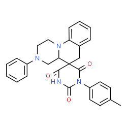ChemSpider 2D Image | 1'-(4-Methylphenyl)-3-phenyl-2,3,4,4a-tetrahydro-1H,2'H,6H-spiro[pyrazino[1,2-a]quinoline-5,5'-pyrimidine]-2',4',6'(1'H,3'H)-trione | C28H26N4O3