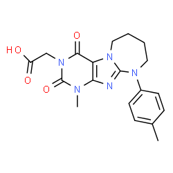 ChemSpider 2D Image | [1-Methyl-10-(4-methylphenyl)-2,4-dioxo-1,2,4,6,7,8,9,10-octahydro-3H-[1,3]diazepino[2,1-f]purin-3-yl]acetic acid | C19H21N5O4