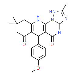 ChemSpider 2D Image | 6-(4-Methoxyphenyl)-2,9,9-trimethyl-6,9,10,11-tetrahydro[1,2,4]triazolo[5',1':2,3]pyrimido[4,5-b]quinoline-5,7(1H,8H)-dione | C22H23N5O3
