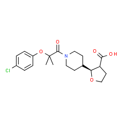 ChemSpider 2D Image | (2S)-2-{1-[2-(4-Chlorophenoxy)-2-methylpropanoyl]-4-piperidinyl}tetrahydro-3-furancarboxylic acid | C20H26ClNO5