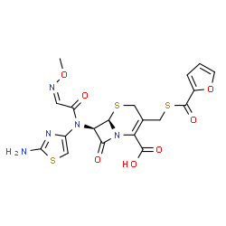 ChemSpider 2D Image | (6R,7R)-7-{(2-Amino-1,3-thiazol-4-yl)[(2Z)-2-(methoxyimino)acetyl]amino}-3-[(2-furoylsulfanyl)methyl]-8-oxo-5-thia-1-azabicyclo[4.2.0]oct-2-ene-2-carboxylic acid | C19H17N5O7S3