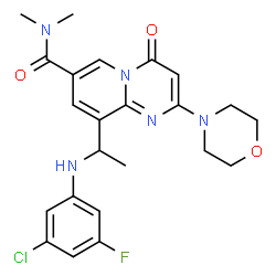 ChemSpider 2D Image | 9-{1-[(3-Chloro-5-fluorophenyl)amino]ethyl}-N,N-dimethyl-2-(4-morpholinyl)-4-oxo-4H-pyrido[1,2-a]pyrimidine-7-carboxamide | C23H25ClFN5O3