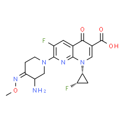 ChemSpider 2D Image | 7-[(4Z)-3-Amino-4-(methoxyimino)-1-piperidinyl]-6-fluoro-1-[(1R,2S)-2-fluorocyclopropyl]-4-oxo-1,4-dihydro-1,8-naphthyridine-3-carboxylic acid | C18H19F2N5O4