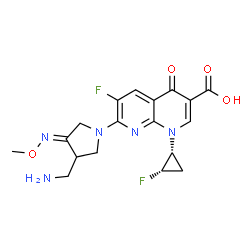 ChemSpider 2D Image | 7-[(4E)-3-(Aminomethyl)-4-(methoxyimino)-1-pyrrolidinyl]-6-fluoro-1-[(1R,2S)-2-fluorocyclopropyl]-4-oxo-1,4-dihydro-1,8-naphthyridine-3-carboxylic acid | C18H19F2N5O4