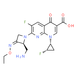 ChemSpider 2D Image | 7-[(2S,3Z)-2-(Aminomethyl)-3-(ethoxyimino)-1-azetidinyl]-6-fluoro-1-[(1R,2S)-2-fluorocyclopropyl]-4-oxo-1,4-dihydro-1,8-naphthyridine-3-carboxylic acid | C18H19F2N5O4