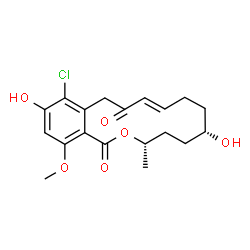 ChemSpider 2D Image | (3S,6S,9E)-13-Chloro-6,14-dihydroxy-16-methoxy-3-methyl-3,4,5,6,7,8-hexahydro-1H-2-benzoxacyclotetradecine-1,11(12H)-dione | C19H23ClO6