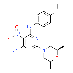 ChemSpider 2D Image | 2-[(2R,6S)-2,6-Dimethyl-4-morpholinyl]-N-(4-methoxyphenyl)-5-nitro-4,6-pyrimidinediamine | C17H22N6O4