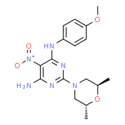 ChemSpider 2D Image | 2-[(2R,6R)-2,6-Dimethyl-4-morpholinyl]-N-(4-methoxyphenyl)-5-nitro-4,6-pyrimidinediamine | C17H22N6O4