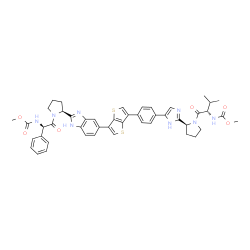 ChemSpider 2D Image | Methyl {(1R)-2-[(2S)-2-{5-[6-(4-{2-[(2S)-1-{(2S)-2-[(methoxycarbonyl)amino]-3-methylbutanoyl}-2-pyrrolidinyl]-1H-imidazol-5-yl}phenyl)thieno[3,2-b]thiophen-3-yl]-1H-benzimidazol-2-yl}-1-pyrrolidinyl]-
2-oxo-1-phenylethyl}carbamate | C47H48N8O6S2