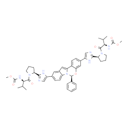ChemSpider 2D Image | Methyl {(2R)-1-[(2S)-2-{5-[(6S)-10-{2-[(2S)-1-{(2R)-2-[(methoxycarbonyl)amino]-3-methylbutanoyl}-2-pyrrolidinyl]-1H-imidazol-5-yl}-6-phenylindolo[1,2-c][1,3]benzoxazin-3-yl]-1H-imidazol-2-yl}-1-pyrrol
idinyl]-3-methyl-1-oxo-2-butanyl}carbamate | C49H55N9O7