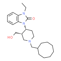 ChemSpider 2D Image | 1-[(3S,4R)-1-(Cyclooctylmethyl)-3-(hydroxymethyl)-4-piperidinyl]-3-ethyl-1,3-dihydro-2H-benzimidazol-2-one | C24H37N3O2