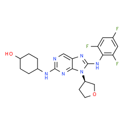 ChemSpider 2D Image | 4-[[9-[(3R)-3-oxolanyl]-8-(2,4,6-trifluoroanilino)-2-purinyl]amino]-1-cyclohexanol | C21H23F3N6O2