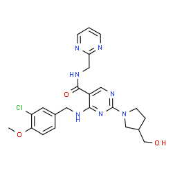 ChemSpider 2D Image | 4-[(3-Chloro-4-methoxybenzyl)amino]-2-[3-(hydroxymethyl)-1-pyrrolidinyl]-N-(2-pyrimidinylmethyl)-5-pyrimidinecarboxamide | C23H26ClN7O3