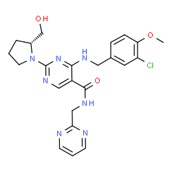 ChemSpider 2D Image | 4-[(3-Chloro-4-methoxybenzyl)amino]-2-[(2R)-2-(hydroxymethyl)-1-pyrrolidinyl]-N-(2-pyrimidinylmethyl)-5-pyrimidinecarboxamide | C23H26ClN7O3