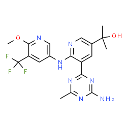 ChemSpider 2D Image | 2-[5-(4-Amino-6-methyl-1,3,5-triazin-2-yl)-6-{[6-methoxy-5-(trifluoromethyl)-3-pyridinyl]amino}-3-pyridinyl]-2-propanol | C19H20F3N7O2
