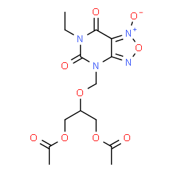 ChemSpider 2D Image | 2-[(6-Ethyl-1-oxido-5,7-dioxo-6,7-dihydro[1,2,5]oxadiazolo[3,4-d]pyrimidin-4(5H)-yl)methoxy]-1,3-propanediyl diacetate | C14H18N4O9
