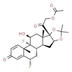 ChemSpider 2D Image | 2-[(4aS,4bR,5S,6aS,6bS,9aS,10aS,10bS,12S)-4b,12-Difluoro-5-hydroxy-4a,6a,8,8-tetramethyl-2-oxo-2,4a,4b,5,6,6a,9a,10,10a,10b,11,12-dodecahydro-6bH-naphtho[2',1':4,5]indeno[1,2-d][1,3]dioxol-6b-yl]-2-ox
oethyl acetate | C26H32F2O7
