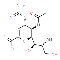 ChemSpider 2D Image | (6S)-5-Acetamido-2,6-anhydro-4-carbamimidamido-3,4,5-trideoxy-6-[(1R,2R)-1,2,3-trihydroxypropyl]-L-threo-hex-2-enonic acid | C12H20N4O7