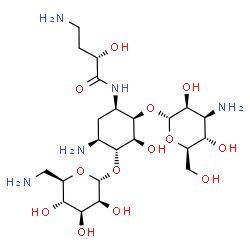 ChemSpider 2D Image | (2S)-4-Amino-N-{(1R,2R,3S,4R,5S)-5-amino-2-[(3-amino-3-deoxy-alpha-D-mannopyranosyl)oxy]-4-[(6-amino-6-deoxy-alpha-D-mannopyranosyl)oxy]-3-hydroxycyclohexyl}-2-hydroxybutanamide | C22H43N5O13