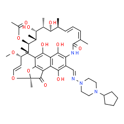ChemSpider 2D Image | (7S,9E,11S,12S,13S,14R,15R,16R,17S,18S,19E,21Z)-26-{(E)-[(4-Cyclopentyl-1-piperazinyl)imino]methyl}-2,15,17,27,29-pentahydroxy-11-methoxy-3,7,12,14,16,18,22-heptamethyl-6,23-dioxo-8,30-dioxa-24-azatet
racyclo[23.3.1.1~4,7~.0~5,28~]triaconta-1(28),2,4,9,19,21,25(29),26-octaen-13-yl acetate | C47H64N4O12