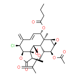 ChemSpider 2D Image | (1R,3aR,4S,6E,8S,8aS,9R,10S,11S,12R,12aS,13S,13aR)-11,13-Diacetoxy-4-chloro-13a-hydroxy-1,8a,12-trimethyl-5-methylene-2-oxo-1,2,3a,4,5,8,8a,9,10,11,12,12a,13,13a-tetradecahydro-9,10-epoxybenzo[4,5]cyc
lodeca[1,2-b]furan-8-yl butanoate | C28H37ClO10