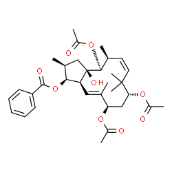 ChemSpider 2D Image | (1S,2S,3aR,4S,5S,6Z,9R,11R,12E,13aS)-4,9,11-Triacetoxy-3a-hydroxy-2,5,8,8,12-pentamethyl-2,3,3a,4,5,8,9,10,11,13a-decahydro-1H-cyclopenta[12]annulen-1-yl benzoate | C33H44O9