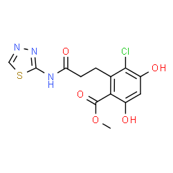 ChemSpider 2D Image | Methyl 3-chloro-4,6-dihydroxy-2-[3-oxo-3-(1,3,4-thiadiazol-2-ylamino)propyl]benzoate | C13H12ClN3O5S