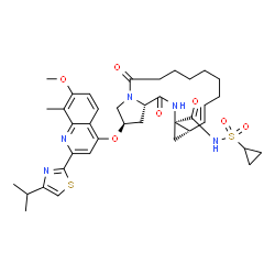 ChemSpider 2D Image | (2R,12E,13aS,14aR,16aS)-N-(Cyclopropylsulfonyl)-2-{[2-(4-isopropyl-1,3-thiazol-2-yl)-7-methoxy-8-methyl-4-quinolinyl]oxy}-5,16-dioxo-1,2,3,6,7,8,9,10,11,13a,14,15,16,16a-tetradecahydrocyclopropa[e]pyr
rolo[1,2-a][1,4]diazacyclopentadecine-14a(5H)-carboxamide | C38H47N5O7S2