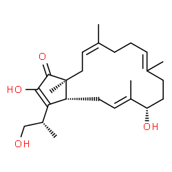 ChemSpider 2D Image | (3aR,5E,7S,14Z,16aS)-2,7-Dihydroxy-3-[(2S)-1-hydroxy-2-propanyl]-6,10,14,16a-tetramethyl-4,7,8,9,12,13,16,16a-octahydrocyclopenta[15]annulen-1(3aH)-one | C25H38O4