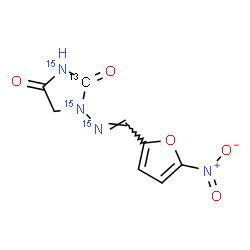 ChemSpider 2D Image | 1-[(E)-[(5-Nitro-2-furyl)methylene](~15~N)amino]-2,4-(2-~13~C,~15~N_2_)imidazolidinedione | C713CH6N15N3O5