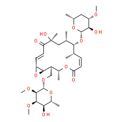 ChemSpider 2D Image | {(1R,2R,3R,6Z,8S,9S,10S,12S,14E,16R)-9-[(4,6-Dideoxy-3-O-methyl-beta-D-xylo-hexopyranosyl)oxy]-12-hydroxy-3,8,10,12-tetramethyl-5,13-dioxo-4,17-dioxabicyclo[14.1.0]heptadeca-6,14-dien-2-yl}methyl 6-de
oxy-2,3-di-O-methyl-beta-D-allopyranoside | C35H56O14