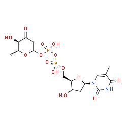 ChemSpider 2D Image | [(2R,3S,5R)-3-Hydroxy-5-(5-methyl-2,4-dioxo-3,4-dihydro-1(2H)-pyrimidinyl)tetrahydro-2-furanyl]methyl (5R,6R)-5-hydroxy-6-methyl-4-oxotetrahydro-2H-pyran-2-yl dihydrogen diphosphate (non-preferred nam
e) | C16H24N2O14P2