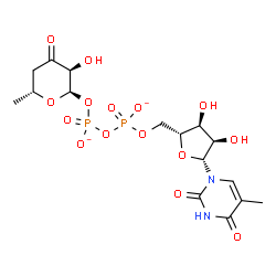 ChemSpider 2D Image | [[(2R,3S,4R,5R)-3,4-dihydroxy-5-(5-methyl-2,4-dioxo-pyrimidin-1-yl)tetrahydrofuran-2-yl]methoxy-oxido-phosphoryl] [(2R,3S,6R)-3-hydroxy-6-methyl-4-oxo-tetrahydropyran-2-yl] phosphate | C16H22N2O15P2