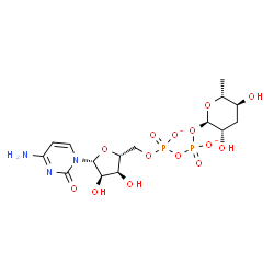 ChemSpider 2D Image | [[(2R,3S,4R,5R)-5-(4-amino-2-oxo-pyrimidin-1-yl)-3,4-dihydroxy-tetrahydrofuran-2-yl]methoxy-oxido-phosphoryl] [(2R,3S,5S,6R)-3,5-dihydroxy-6-methyl-tetrahydropyran-2-yl] phosphate | C15H23N3O14P2