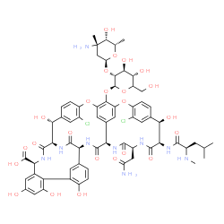 ChemSpider 2D Image | (1R,2R,18R,19R,22S,25R,28S,40S)-22-(2-Amino-2-oxoethyl)-48-{[(5xi)-2-O-(3-amino-2,3,6-trideoxy-3-methyl-alpha-L-lyxo-hexopyranosyl)-beta-D-xylo-hexopyranosyl]oxy}-5,15-dichloro-2,18,32,35,37-pentahydr
oxy-19-[(N-methyl-D-leucyl)amino]-20,23,26,42,44-pentaoxo-7,13-dioxa-21,24,27,41,43-pentaazaoctacyclo[26.14.2.2~3,6~.2~14,17~.1~8,12~.1~29,33~.0~10,25~.0~34,39~]pentaconta-3,5,8(48),9,11,14,16,29(45),
30,32,34,36,38,46,49-pentadecaene-40-carboxylic acid | C66H75Cl2N9O24