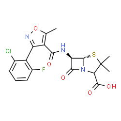 ChemSpider 2D Image | (5S,6R)-6-[[3-(2-chloro-6-fluorophenyl)-5-methyl-1,2-oxazole-4-carbonyl]amino]-3,3-dimethyl-7-oxo-4-thia-1-azabicyclo[3.2.0]heptane-2-carboxylic acid | C19H17ClFN3O5S