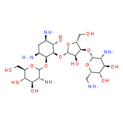 ChemSpider 2D Image | (1S,2R,3S,4R,6S)-4,6-Diamino-2-{[3-O-(2,6-diamino-2,6-dideoxy-beta-L-idopyranosyl)-beta-D-ribofuranosyl]oxy}-3-hydroxycyclohexyl 2-amino-2-deoxy-D-glucopyranoside | C23H45N5O14