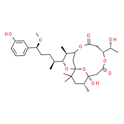 ChemSpider 2D Image | (3R,4S,9R,13S,14R)-13-Hydroxy-9-[(1R)-1-hydroxyethyl]-3-[(2S,5S)-5-(3-hydroxyphenyl)-5-methoxy-2-pentanyl]-4,14,16,16-tetramethyl-2,6,10,17-tetraoxatricyclo[11.3.1.1~1,5~]octadecane-7,11-dione (non-pr
eferred name) | C32H48O10